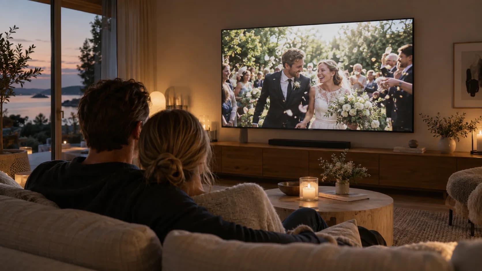 Två personer i soffan återupplever bröllopsbilder på sin TV
